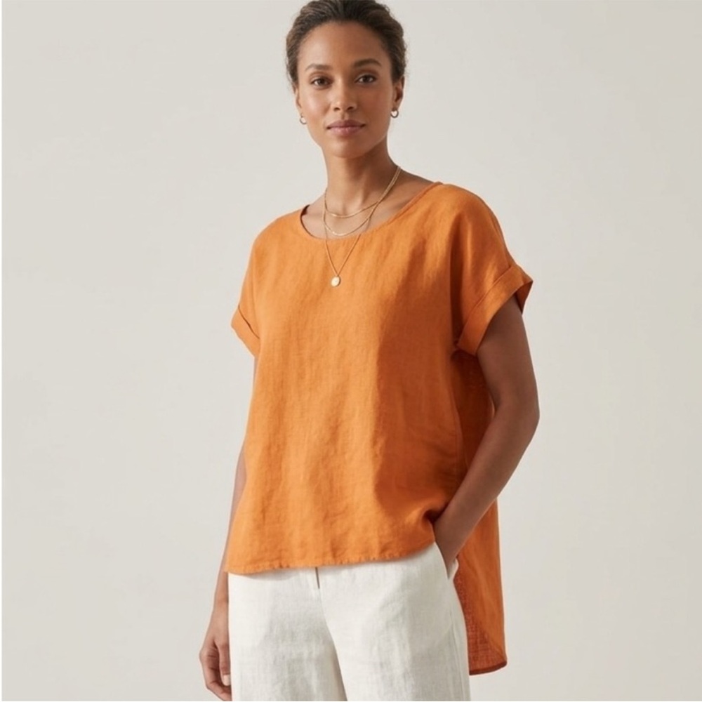 Terzo Millennio Relaxed Short-Sleeve Linen Top in Burnt Orange